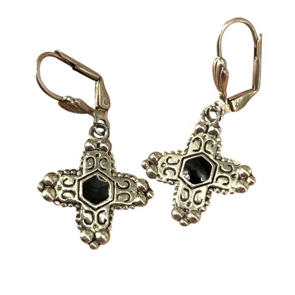 Inca Chakana Cross Earrings Silver Tone Black Onyx Inlay Dangle Boho NO MARKINGS - Picture 5 of 15